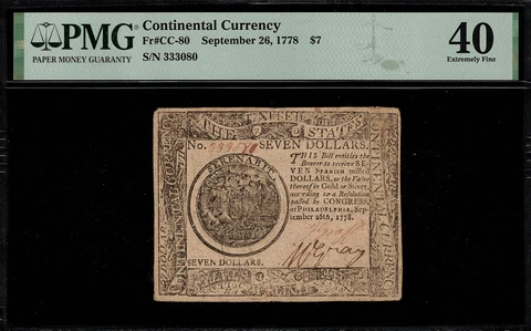 CC-80 Continental Currency - September 26, 1778 $7 - Graded PMG 40 Cover