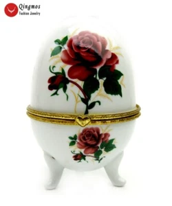 5*7cm 2.7" Egg White China Ceramics Multi Purpose Jewelry Box Red Flower Design - Picture 1 of 15