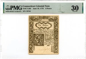 Connecticut Colonial Note Fr#CT-205 June 19, 1776 6d PMG VF-30 - Picture 1 of 2