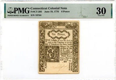 Connecticut Colonial Note Fr#CT-205 June 19, 1776 6d PMG VF-30 - Image 1 of 2