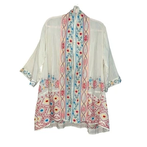 Johnny Was 100% Cotton Embroidered Open Jacket Kimono Large - Picture 1 of 12