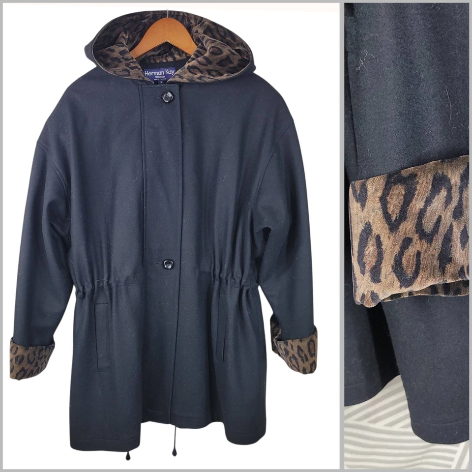 Abrigo de invierno con capucha de lana Herman Kay talla grande 1X estampado de leopardo guepardo ribete de terciopelo Foto 1 de 4