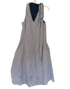 Talbots Blue Striped Sleeveless Fit/Flare Dress Side Pockets Side Zip Tie Sz 10P - Picture 1 of 8