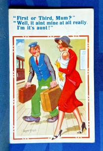 Donald McGill Comic Postkarte 1930er Eisenbahn Portier Wagen ERSTER ODER DRITTER Nr. 619 - Bild 1 von 2