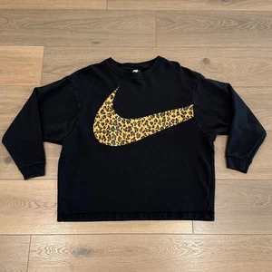 NIKE Black Leopard Swoosh Crewneck Cotton Terry Pullover Sweatshirt Size Medium - Picture 1 of 8