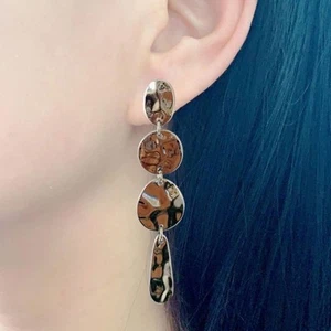 Hammered Circle Drop Earring Silver Color - Picture 1 of 8
