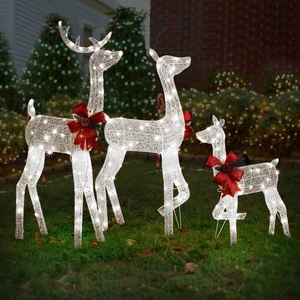 3pcs Lighted Christmas Reindeer Decoration 2D Pre-lit Xmas Deer Family Set White - Picture 1 of 9
