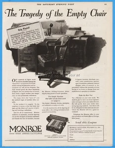 1929 Monroe Adding Calculator Machine Orange NJ Bookkeeper Empty Chair Ad - Picture 1 of 1