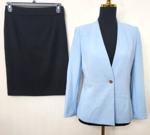 Calvin Klein Women's Sky Blue Collarless/Black 2Pc Skirt Suit Size 6 - Picture 1 of 8