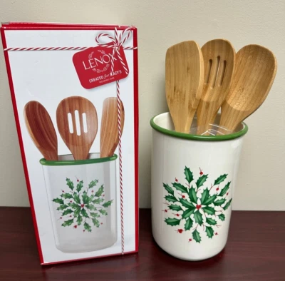 Vaso de utensilios de vacaciones Lenox con 3 cucharas de madera para servidor ~ NUEVO Foto 1 de 3
