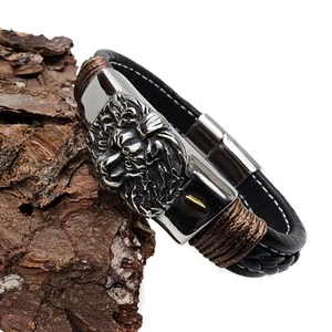 Lederarmband für Herren | flaches Armband mit Löwe | Magnetverschluss | Schwarz - Bild 1 von 9