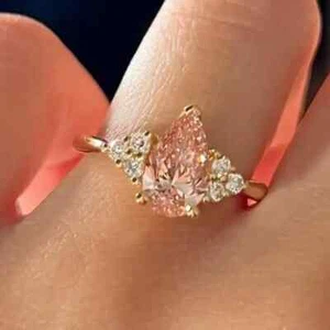 2.00CT Pear Lab Grown Fancy Vivid Pink Diamond Engagement Ring 14K Yellow Gold - Picture 1 of 14