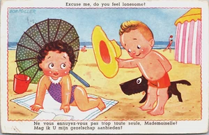 Boy Girl On The Beach, Bob Miller Vintage Postcard B195 - Picture 1 of 2