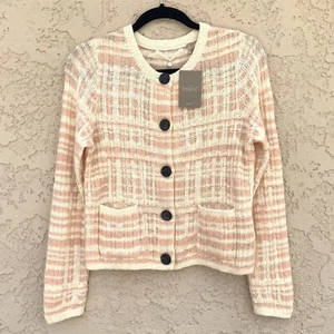 New Anthropologie Knitted & Knotted Size S Plaid Boucle Cardigan Sweater Peach - Picture 1 of 12