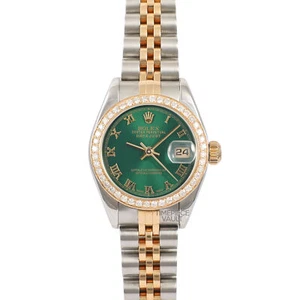 ROLEX LADY DATEJUST 79173 GOLD STEEL 26MM GREEN ROMAN DIAL 18K DIAMOND BEZEL-B&P - Picture 1 of 10