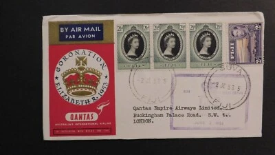 1953 Fiji Airmail Coronation QE2 Cover Suva to London England Qantas Empire Air - Image 1 of 2