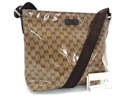 Borsa a tracolla Gucci in pelle e tela rivestita in cristallo marrone