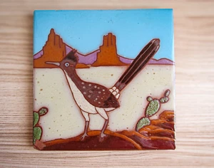 Hand-Painted Southwestern Ceramic Art Tile W Roadrunner Cactus Desert - Picture 1 of 5