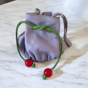 Vtg MOSCHINO JEANS Lilac Leather Cherry Drawstring Wristlet Italy RARE - Picture 1 of 12