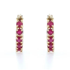 Yellow Gold Ruby Hoop Earrings - 14k Round 1.40ctw Pierced - Picture 1 of 7