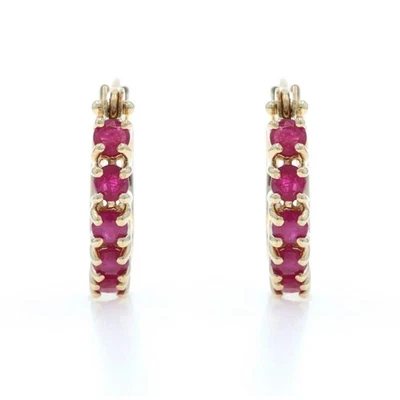 Yellow Gold Ruby Hoop Earrings - 14k Round 1.40ctw Pierced - Image 1 of 4