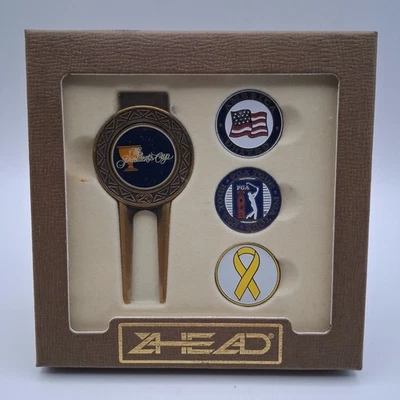 Presidents Cup Divot Tool Set Ahead 3 Ball Markers US Flag PGA Yellow Ribbon Box - Image 1 of 4