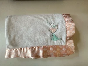 Carters Just One You Peach Floral Satin Trim White Aqua Birds Baby Blanket - Picture 1 of 10