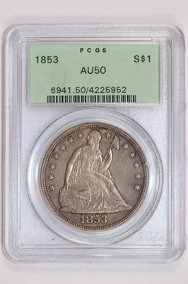 1853 SEATED LIBERTY DOLLAR PCGS AU50 OGH - Image 1 of 2
