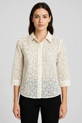 Blusa vintage años 90 Koret Petite marfil malla transparente abotonada costa preppy SP Foto 1 de 4