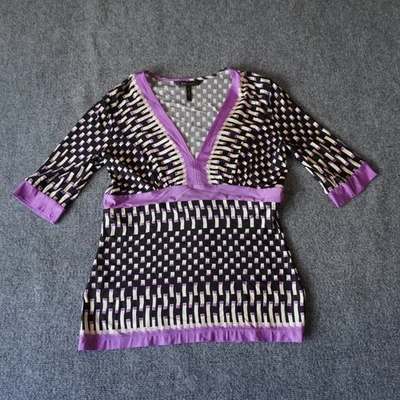 Blusa Top BCBGMAXAZRIA Púrpura Estampado Geométrico Manga 3/4 Cuello en V Talla M Foto 1 de 4