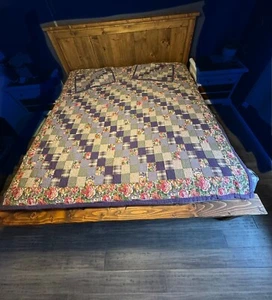 Vtg Hand Sewn Stitched Farmhouse Square Patchwork Quilt 81x82 Queen Pillowcases - Picture 1 of 16
