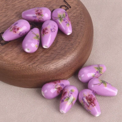10pcs Flower Patterns 10x20mm Teardrop Shape Ceramic Porcelain Loose Beads Lot - Image 1 of 3