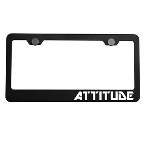 Matte Black License Plate Frame Chrome ATTITUDE Laser Etched Metal Screw Cap - Bild 1 von 7