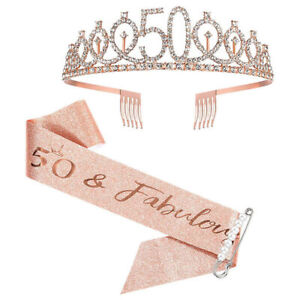 Leixi 50 and Fabulous Sash & Rhinestone Tiara Set - 50th Birthday Gifts Gold