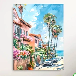 Kunst Leinwand Kalifornien Küstenstadt Aquarell 12 x 15 Zoll GERAHMT - Bild 1 von 2