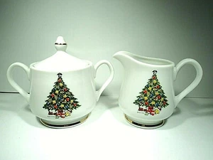 MOUNT CLEMENS POTTERY CREAMER & SUGAR BOWL VTG CHRISTMAS TREE PATTERN=GOLD TRIM - Picture 1 of 4
