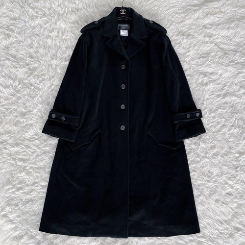 Raro cappotto lungo Chanel cashmere tweed logo bottoni nero 44