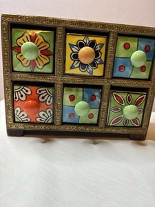 Wooden Apothecary Cabinet 6 Drawer Porcelain Spice Boho Hand Painted Floral Tea - Picture 1 of 12