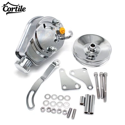 For Chevy 350 Chrome Saginaw Power Steering Pump w/ Bracket & Pulley Kit Keway - Image 1 of 4