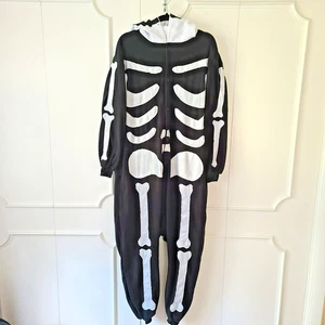Spooktacular Skeleton Costume One Piece Full Hooded Eyes Adult L Sleeper Pockets - Picture 1 of 17