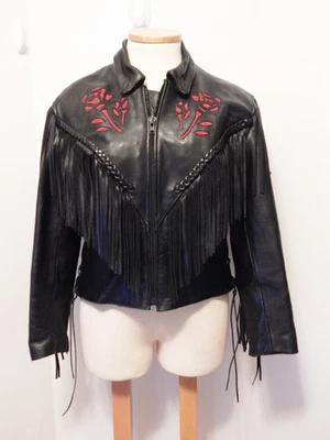 Vintage Women’s Black Leather Fringed Tassel Red Inlay Roses Zip Jacket READ - Image 1 of 4