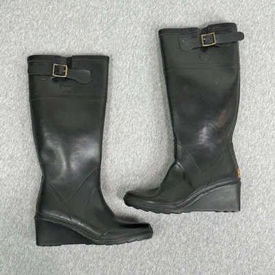 Michael Kors Botas Para Mujer 7 Zapatos Negro Goma Bota de Lluvia Alto Montar Tacón de Cuña Foto 1 de 4