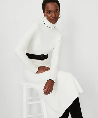 Vestido Suéter Ann Taylor Mujer Mediano Pequeño Marfil Cinturón Cuello Alto Lujo NUEVO Foto 1 de 4