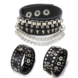 Men's Punk Rocker Gothic Heavy Wide Rivet Leather Wraps Cuff Bracelet Wristband - Picture 1 of 21