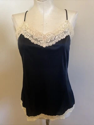 Винтажный Worthington Sz.Large черный атласный Cami кремовый слоновой кости кружева отделки верхний камзол - Изображение 1 из 4