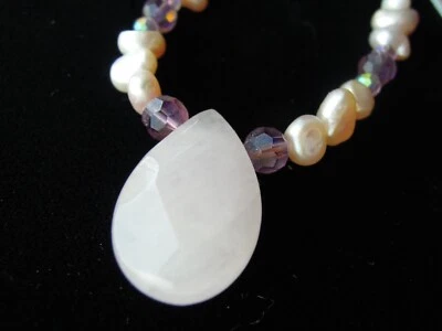 Cookie Lee Rosa Barroco Perla, Cuarzo Lágrima Gota Collar Cadena Cuero 0922 Foto 1 de 4