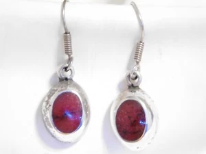 Sterling Silver Vintage Taxco Oxblood Crimson Oval Dangle Earrings E536 - Picture 1 of 11