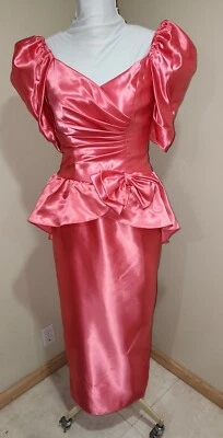 80s VTG  Peplum Gown Hourglass Drop Waist Pencil Skirt*Melon Colored Satin*szS/M - Image 1 of 4