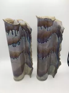 Ammann Taos Art Pottery 2 Vase Abstract Beige Blue Teardrop Southwest Vintage - Picture 1 of 12