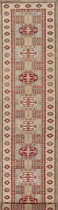 Geometric Light Blue Wool Super Kazak Handmade Hallway Runner Rug 2' 8" x 13' 6" - Picture 1 of 12